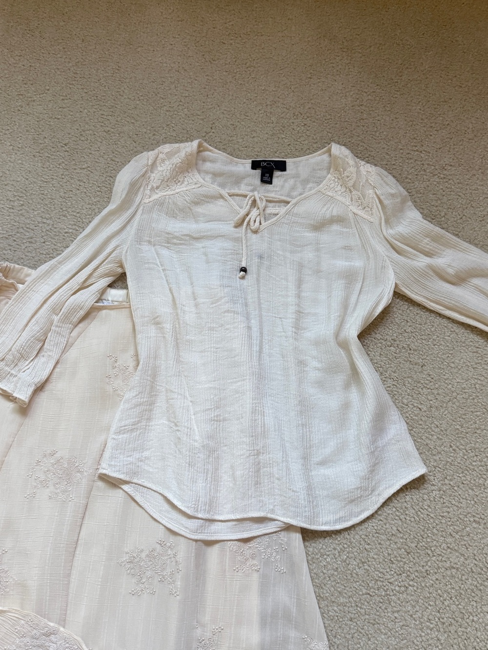 BCX Cream Lace-Trim Tie-Neck Tunic Top